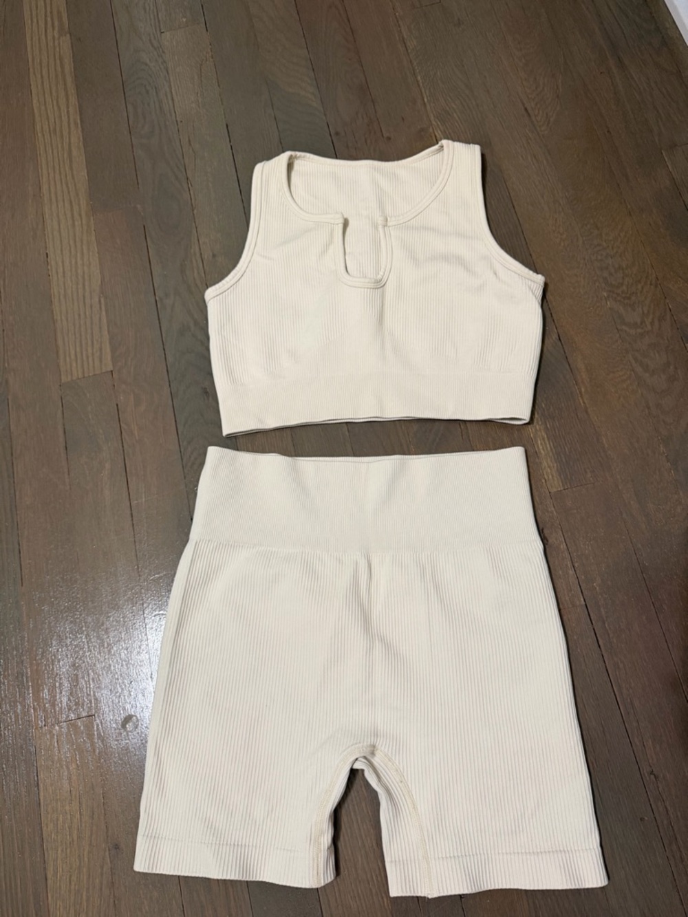 Ribbed Cream Crop Tank and High-Waist Bike Shorts Set